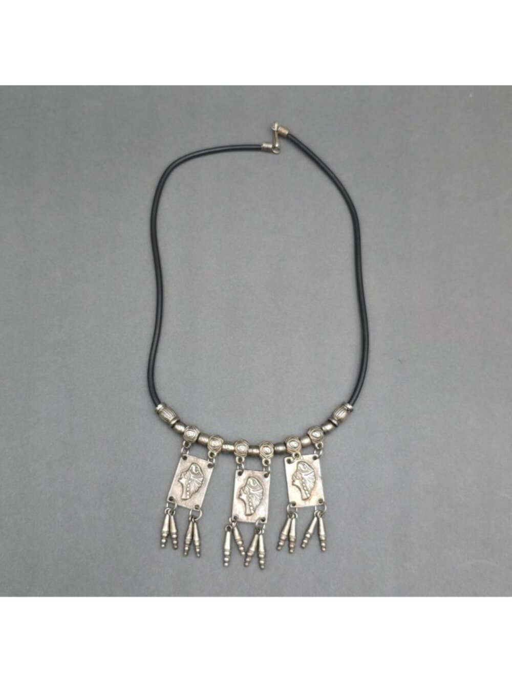 Vintage Tribal Panel Fringe Necklace Silver Tone Leather Cord Boho Statement - Picture 7 of 16